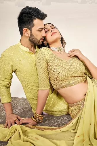  Matching Combo Couple Sequence Outfit With Yellow Lehenga And Kurta Pajama