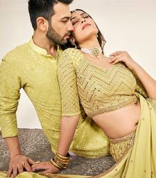 Matching Combo Couple Sequence Outfit With Yellow Lehenga And Kurta Pajama