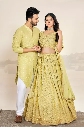  Matching Combo Couple Sequence Outfit With Yellow Lehenga And Kurta Pajama