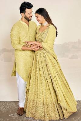  Matching Combo Couple Sequence Outfit With Yellow Lehenga And Kurta Pajama 1