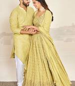 Matching Combo Couple Sequence Outfit With Yellow Lehenga And Kurta Pajama