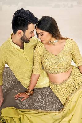  Matching Combo Couple Sequence Outfit With Yellow Lehenga And Kurta Pajama 4