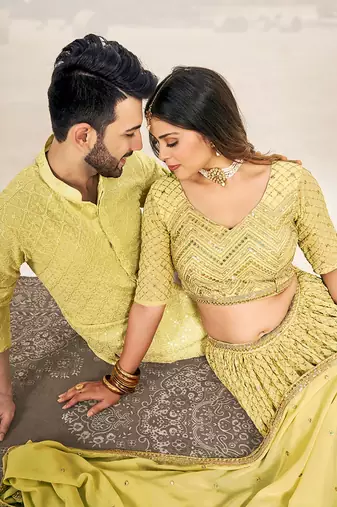  Matching Combo Couple Sequence Outfit With Yellow Lehenga And Kurta Pajama