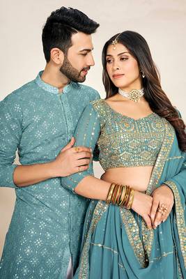 Sea Green Kurta and Lehenga Set for Couples 2