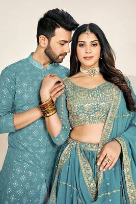 Sea Green Kurta and Lehenga Set for Couples 3