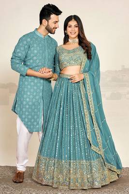 Sea Green Kurta and Lehenga Set for Couples 1