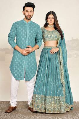 Sea Green Kurta and Lehenga Set for Couples 4