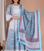 Aaryahi women cotton blue embroidery printed anarkali kurta and pant with dupatta set