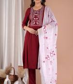 Aaryahi women cotton maroon embroidery solid straight kurta and pant with dupatta set