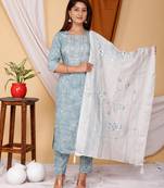 Aaryahi women cotton grey embroidery printed straight kurta and pant with dupatta set