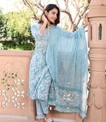 Aaryahi women cotton blue embroidery printed straight kurta and pant with dupatta set