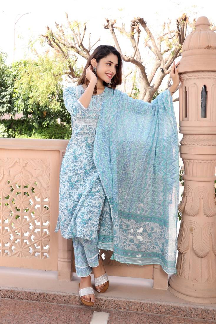 Aaryahi women cotton blue embroidery printed straight kurta and pant with dupatta set