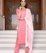 Aaryahi women rayon pink embroidery printed straight kurta and pant with dupatta set