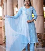 Aaryahi women cotton sky blue embroidery printed straight kurta and pant with dupatta set