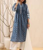 Blue Printed Pintucked Detailing Cotton kurta