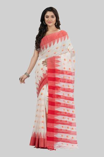 Desh bidesh bengali handloom tant pure cotton saree khadi bicolor ball temple par desigined with blouse