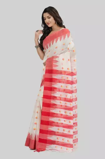 Desh bidesh bengali handloom tant pure cotton saree khadi bicolor ball temple par desigined with blouse