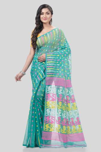 Desh Bidesh Queen Of Diamond Resham Dhakai Jamdani Bengal Pure Cotton Handloom Saree Without Blouse