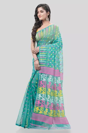 Desh Bidesh Queen Of Diamond Resham Dhakai Jamdani Bengal Pure Cotton Handloom Saree Without Blouse
