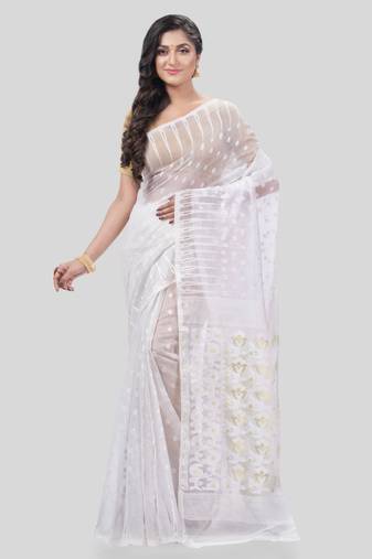 Desh Bidesh Queen Of Diamond Resham Dhakai Jamdani Bengal Pure Cotton Handloom Saree Without Blouse