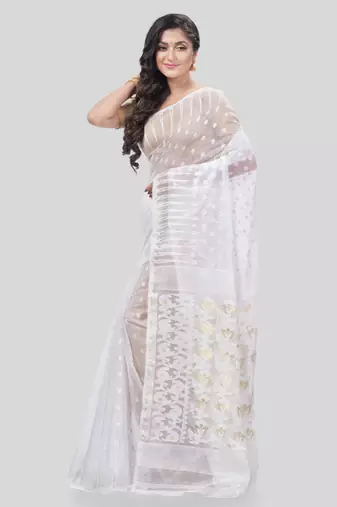 Desh Bidesh Queen Of Diamond Resham Dhakai Jamdani Bengal Pure Cotton Handloom Saree Without Blouse