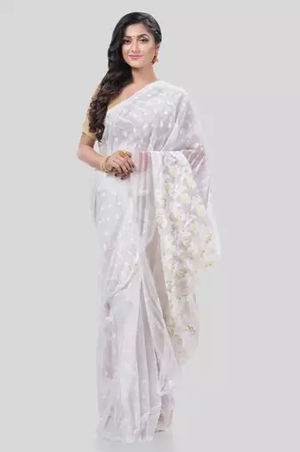 Desh Bidesh Queen Of Diamond Resham Dhakai Jamdani Bengal Pure Cotton Handloom Saree Without Blouse