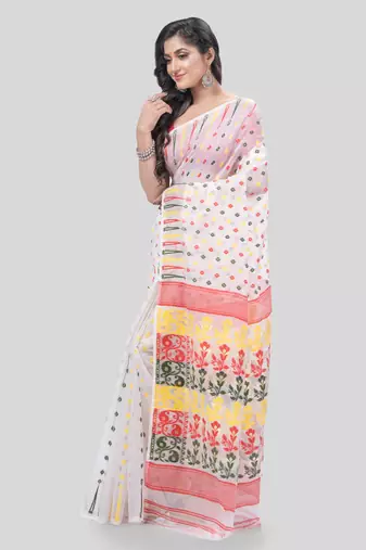 Desh Bidesh Queen Of Diamond Resham Dhakai Jamdani Bengal Pure Cotton Handloom Saree Without Blouse