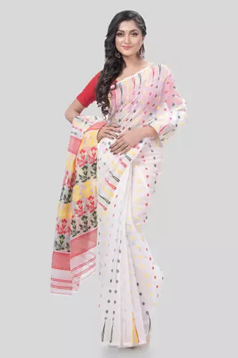 Desh Bidesh Queen Of Diamond Resham Dhakai Jamdani Bengal Pure Cotton Handloom Saree Without Blouse