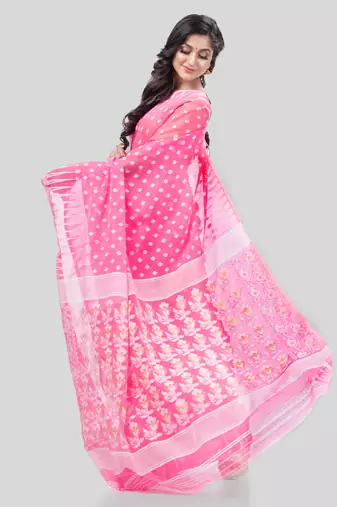 Desh Bidesh Queen Of Diamond Resham Dhakai Jamdani Bengal Pure Cotton Handloom Saree Without Blouse