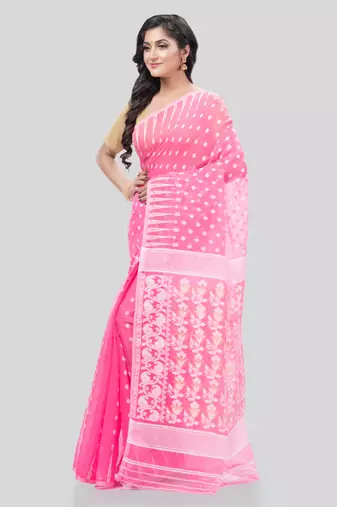 Desh Bidesh Queen Of Diamond Resham Dhakai Jamdani Bengal Pure Cotton Handloom Saree Without Blouse