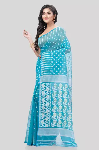 Desh Bidesh Resham Dhakai Jamdani Bengal Diamond Queen Design Pure Cotton Handloom Saree Without Blouse