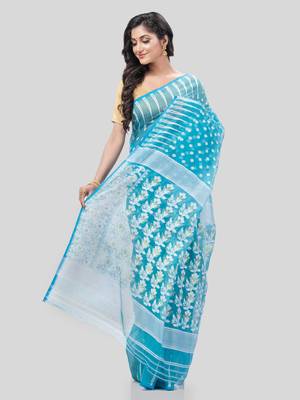 Desh Bidesh Resham Dhakai Jamdani Bengal Diamond Queen Design Pure Cotton Handloom Saree Without Blouse 4