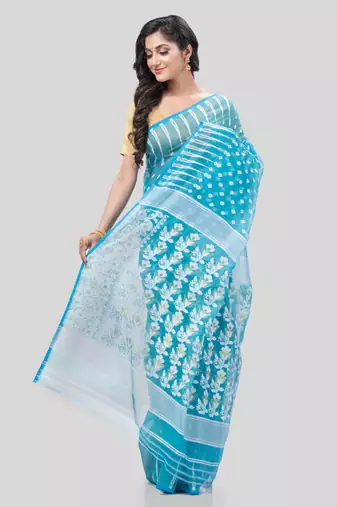 Desh Bidesh Resham Dhakai Jamdani Bengal Diamond Queen Design Pure Cotton Handloom Saree Without Blouse