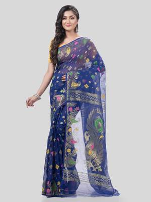 Desh Bidesh Mayur Pekham Zari Work Resham Dhakai Jamdani Pure Cotton Handloom Saree Without Blouse 1
