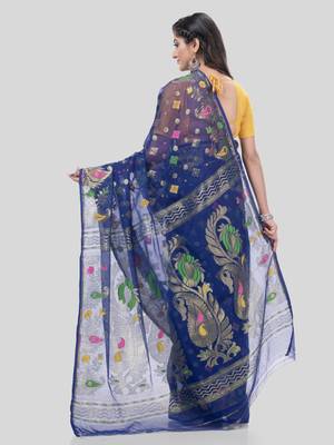 Desh Bidesh Mayur Pekham Zari Work Resham Dhakai Jamdani Pure Cotton Handloom Saree Without Blouse 2
