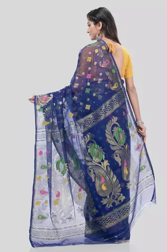 Desh Bidesh Mayur Pekham Zari Work Resham Dhakai Jamdani Pure Cotton Handloom Saree Without Blouse