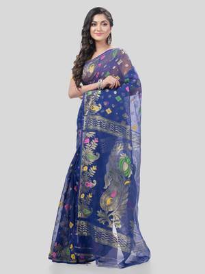 Desh Bidesh Mayur Pekham Zari Work Resham Dhakai Jamdani Pure Cotton Handloom Saree Without Blouse 3