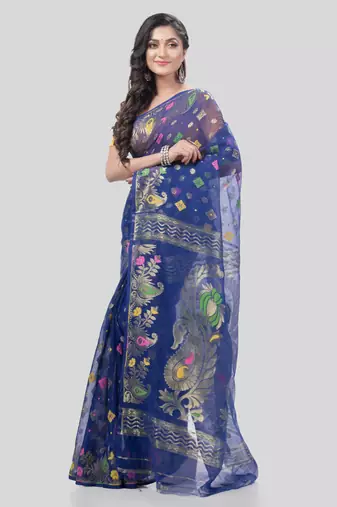 Desh Bidesh Mayur Pekham Zari Work Resham Dhakai Jamdani Pure Cotton Handloom Saree Without Blouse