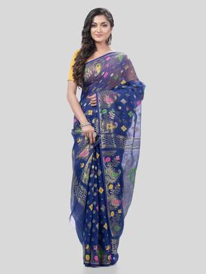 Desh Bidesh Mayur Pekham Zari Work Resham Dhakai Jamdani Pure Cotton Handloom Saree Without Blouse 4