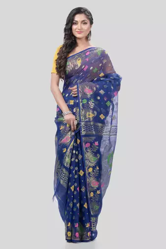 Desh Bidesh Mayur Pekham Zari Work Resham Dhakai Jamdani Pure Cotton Handloom Saree Without Blouse