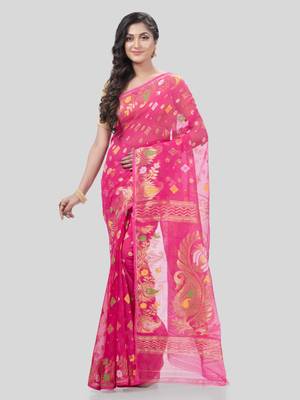 Desh Bidesh Mayur Pekham Zari Work Resham Dhakai Jamdani Pure Cotton Handloom Saree Without Blouse 1