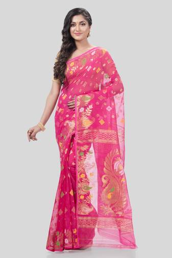 Desh Bidesh Mayur Pekham Zari Work Resham Dhakai Jamdani Pure Cotton Handloom Saree Without Blouse