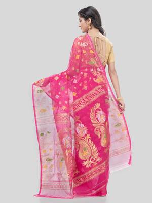 Desh Bidesh Mayur Pekham Zari Work Resham Dhakai Jamdani Pure Cotton Handloom Saree Without Blouse 2