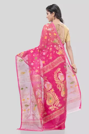 Desh Bidesh Mayur Pekham Zari Work Resham Dhakai Jamdani Pure Cotton Handloom Saree Without Blouse