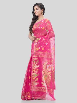 Desh Bidesh Mayur Pekham Zari Work Resham Dhakai Jamdani Pure Cotton Handloom Saree Without Blouse 3