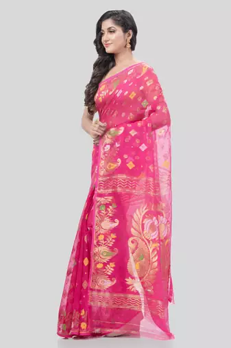 Desh Bidesh Mayur Pekham Zari Work Resham Dhakai Jamdani Pure Cotton Handloom Saree Without Blouse
