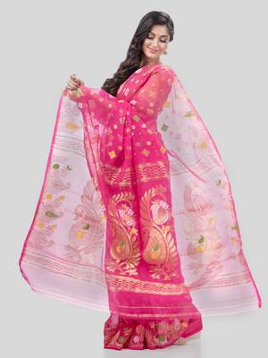Desh Bidesh Mayur Pekham Zari Work Resham Dhakai Jamdani Pure Cotton Handloom Saree Without Blouse 4