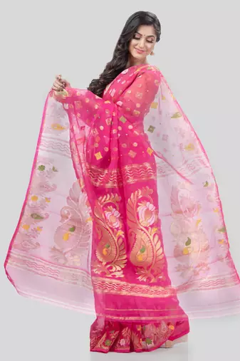 Desh Bidesh Mayur Pekham Zari Work Resham Dhakai Jamdani Pure Cotton Handloom Saree Without Blouse