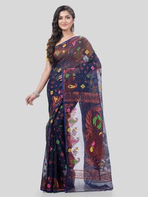 Desh Bidesh Mayur Pekham Zari Work Resham Dhakai Jamdani Pure Cotton Handloom Saree Without Blouse 1