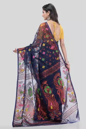 Desh Bidesh Mayur Pekham Zari Work Resham Dhakai Jamdani Pure Cotton Handloom Saree Without Blouse